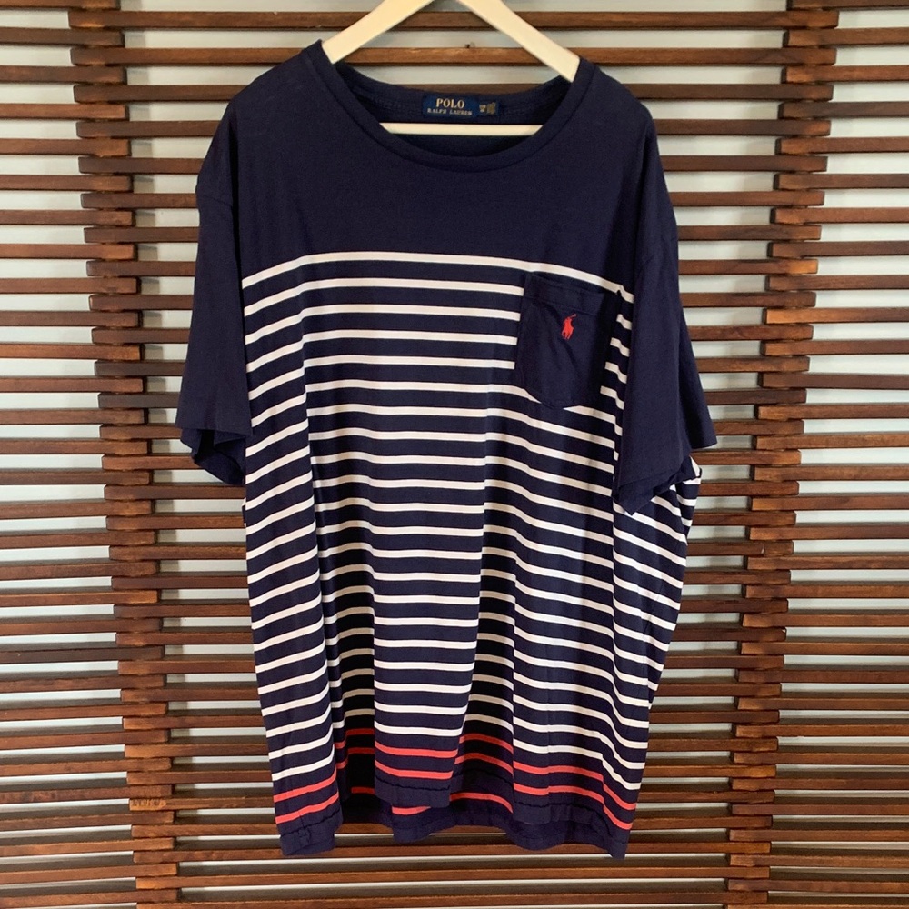 Polo by Ralph Lauren Navy White Stripe Tee with Red Pony